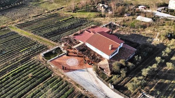 Aerial view of Fustanella Farm and its fields